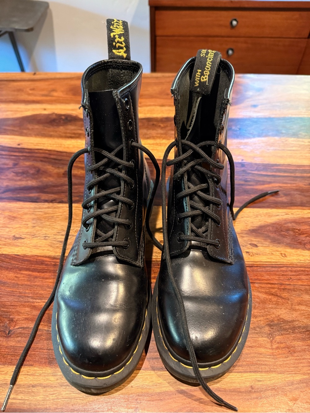 Dr. Martens Black Leather 8-Eye Lace-Up Boots with Yellow Stitching